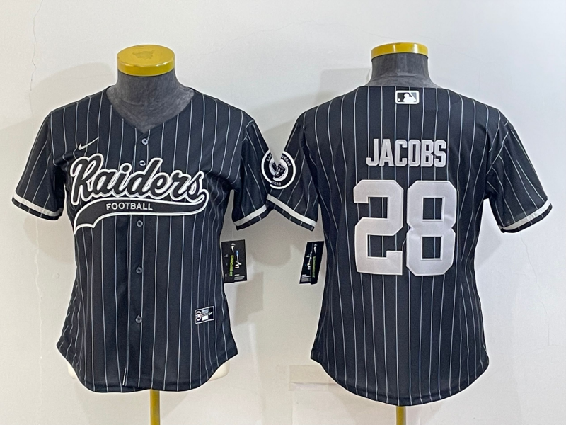 Women's Las Vegas Raiders #28 Josh Jacobs Black With Patch Cool Base Stitched Baseball Jersey(Run Small) Women's Las Vegas Raiders #28 Josh Jacobs Black With Patch Cool Base Stitched Baseball Jersey(Run Small)